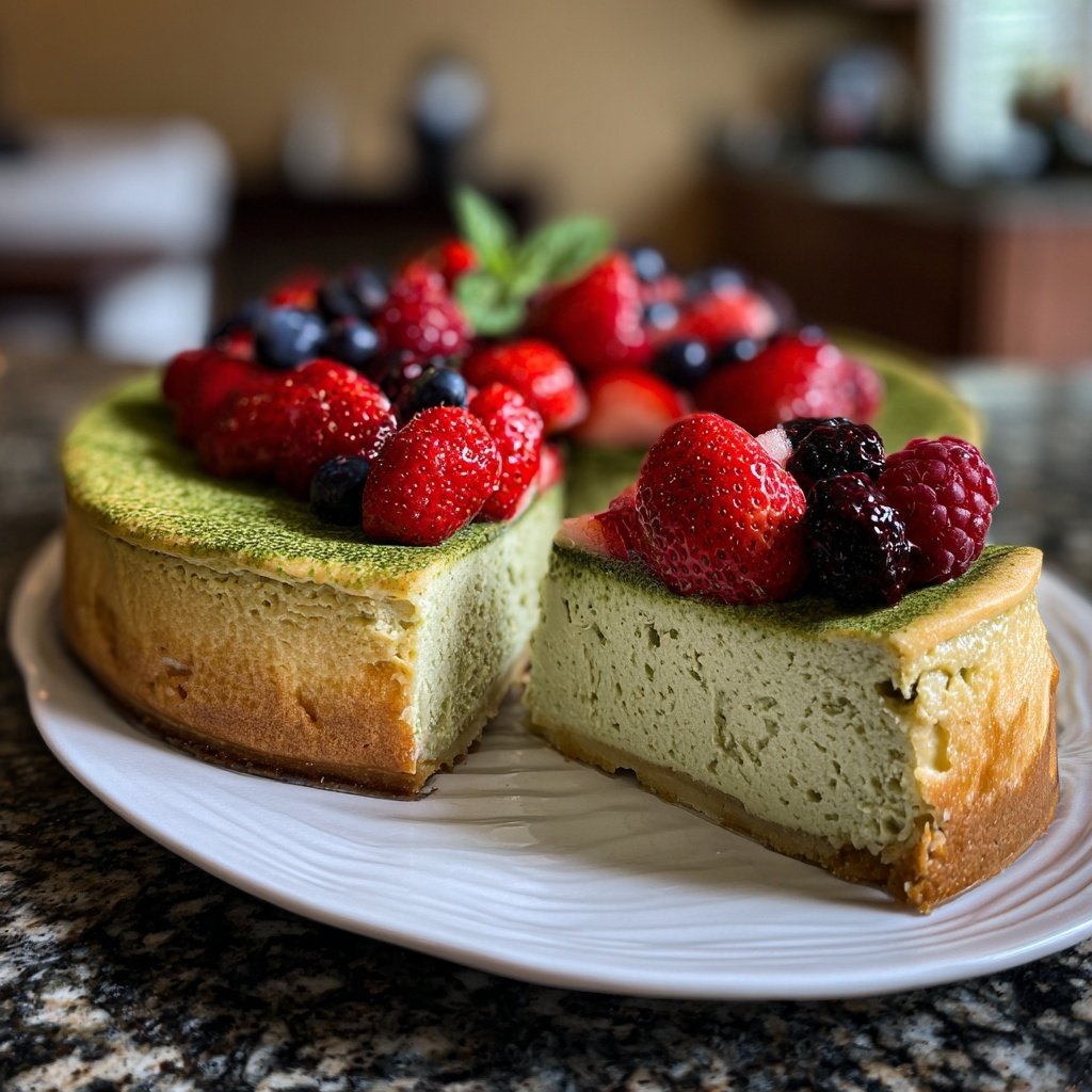 Japanese Matcha Cheesecake with Berries
